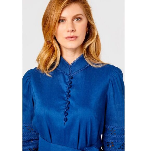 Cartolina Nantucket Sarah Dress Blue Linen Embroidered Size XS - Picture 3 of 16